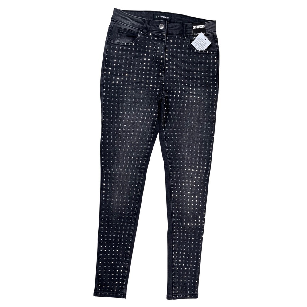 New Parisian Skinny Jeans Women US 2 Black Rhinestone Studded High Rise Bling